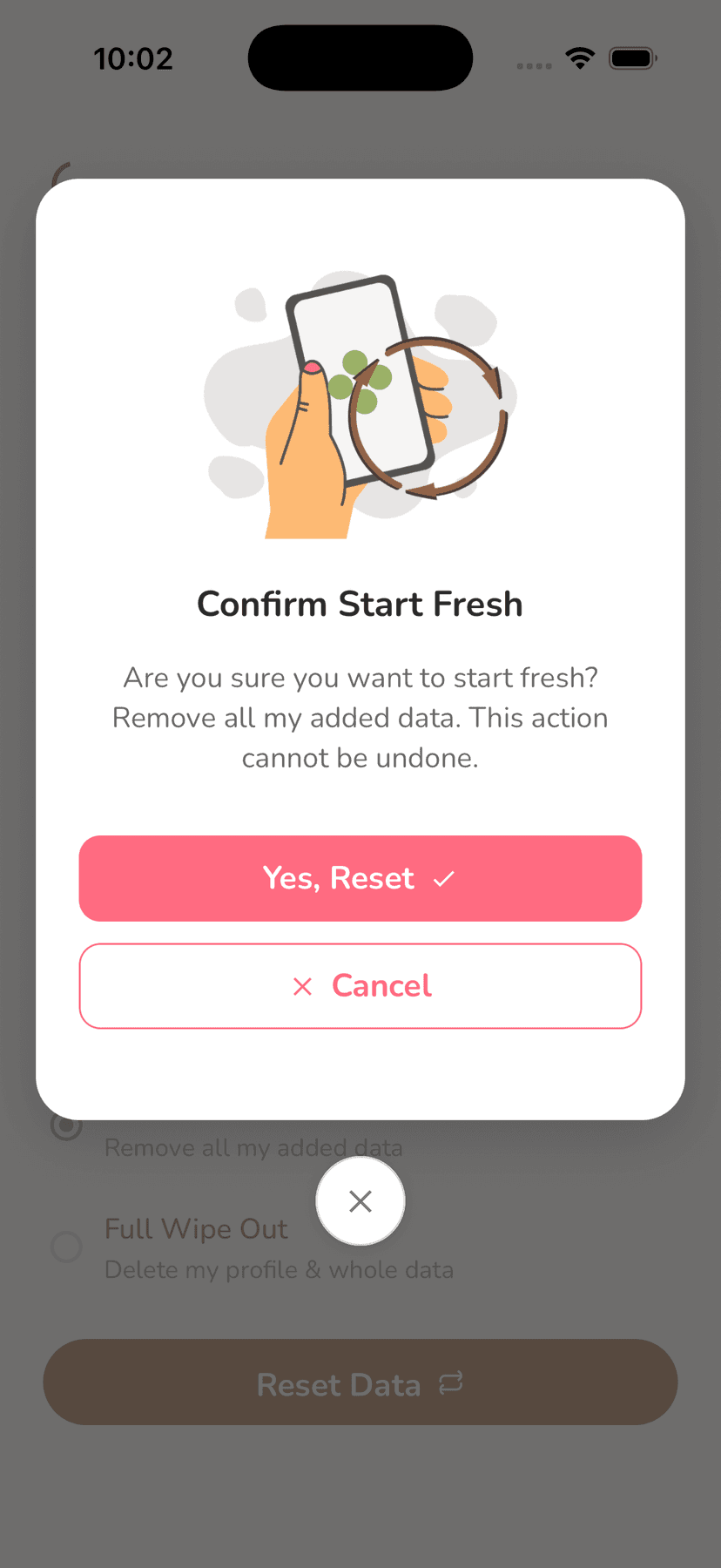 Reset Account Data Confirmation Screen
