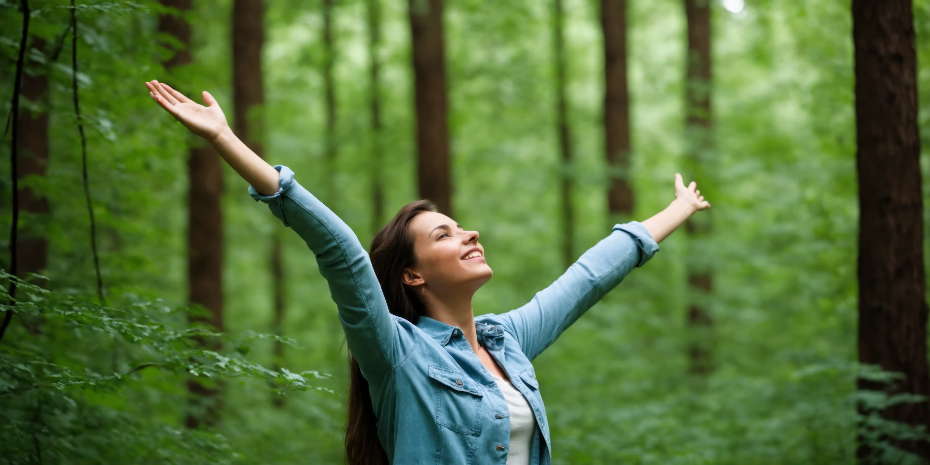 Young woman with arms raised enjoying fresh air in green forest